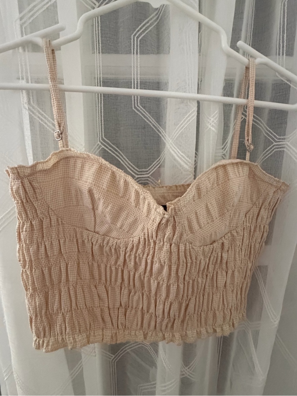 Smocked Spaghetti Strap Crop Top in Beige
